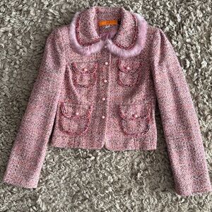Cynthia Steffe Pink Tweed Jacket with Faux Fur Collar size small